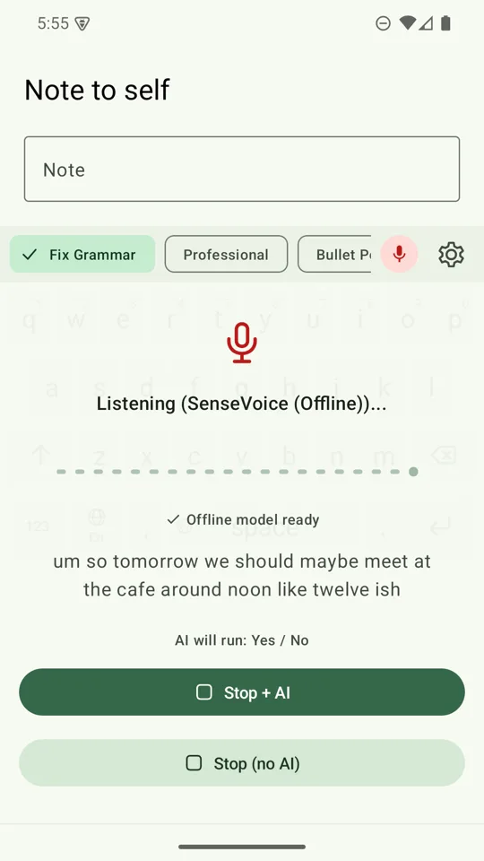 Offline SenseVoice listening with live draft text