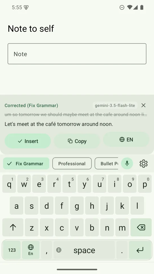 A dictated sentence next to its Fix Grammar rewrite with Insert and Copy