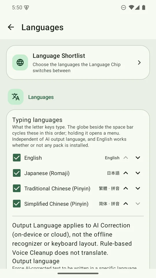 Languages settings with English, Japanese romaji, Traditional and Simplified Chinese pinyin typing languages