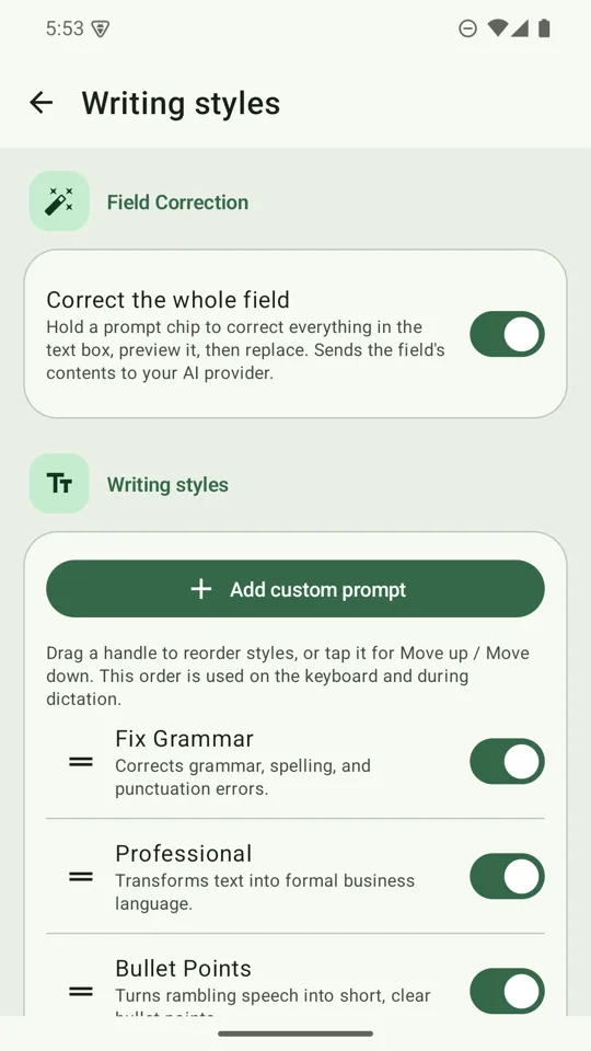 Writing styles settings with Field Correction and reorderable styles