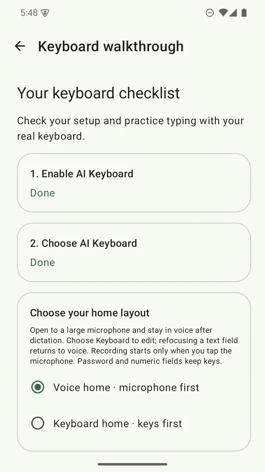 Keyboard walkthrough checklist with Enable AI Keyboard and Choose AI Keyboard marked Done