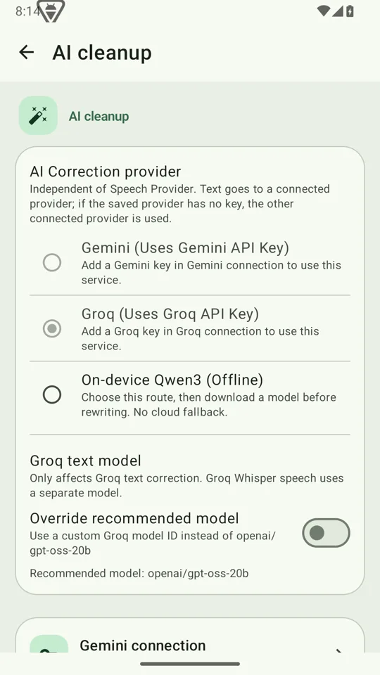 AI cleanup settings with Groq selected and the recommended model openai/gpt-oss-20b