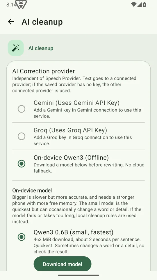 AI cleanup settings with On-device Qwen3 selected and a Download model button