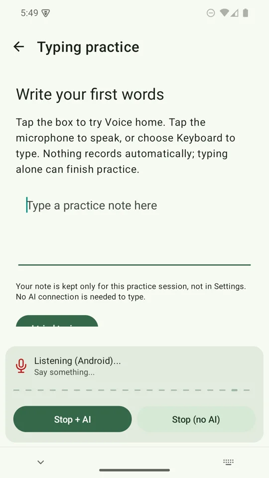 Android speech listening panel with Stop + AI and Stop (no AI) buttons