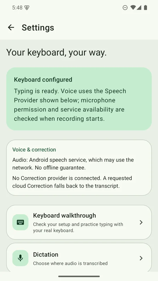 Settings home: Your keyboard, your way, with a readiness card and destinations for Keyboard walkthrough and Dictation