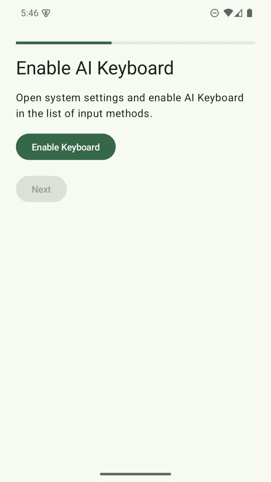 Enable AI Keyboard screen with an Enable Keyboard button and a disabled Next button