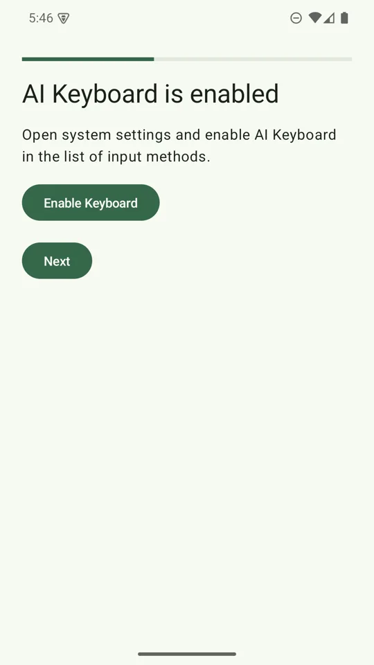 AI Keyboard is enabled screen with Enable Keyboard and Next buttons