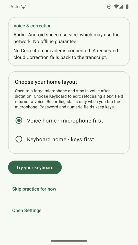Choose your home layout: Voice home, microphone first, or Keyboard home, keys first