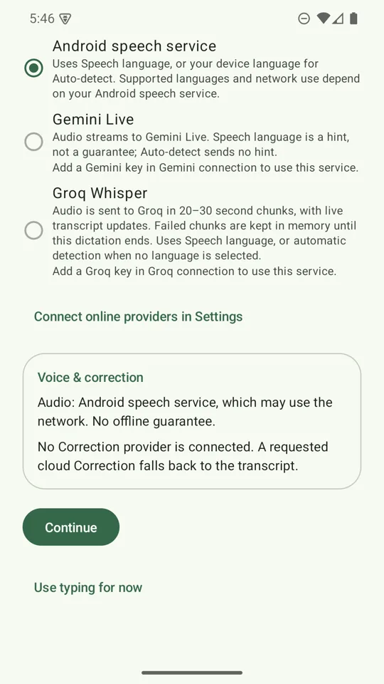 Online dictation choices including Groq Whisper in the setup walkthrough