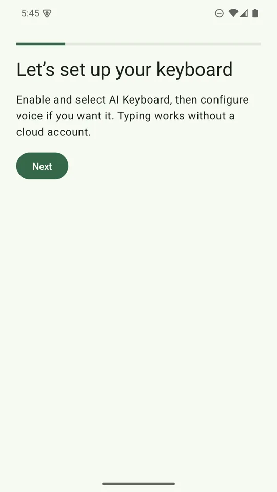 AI Keyboard's first setup screen, Let's set up your keyboard, with a Next button